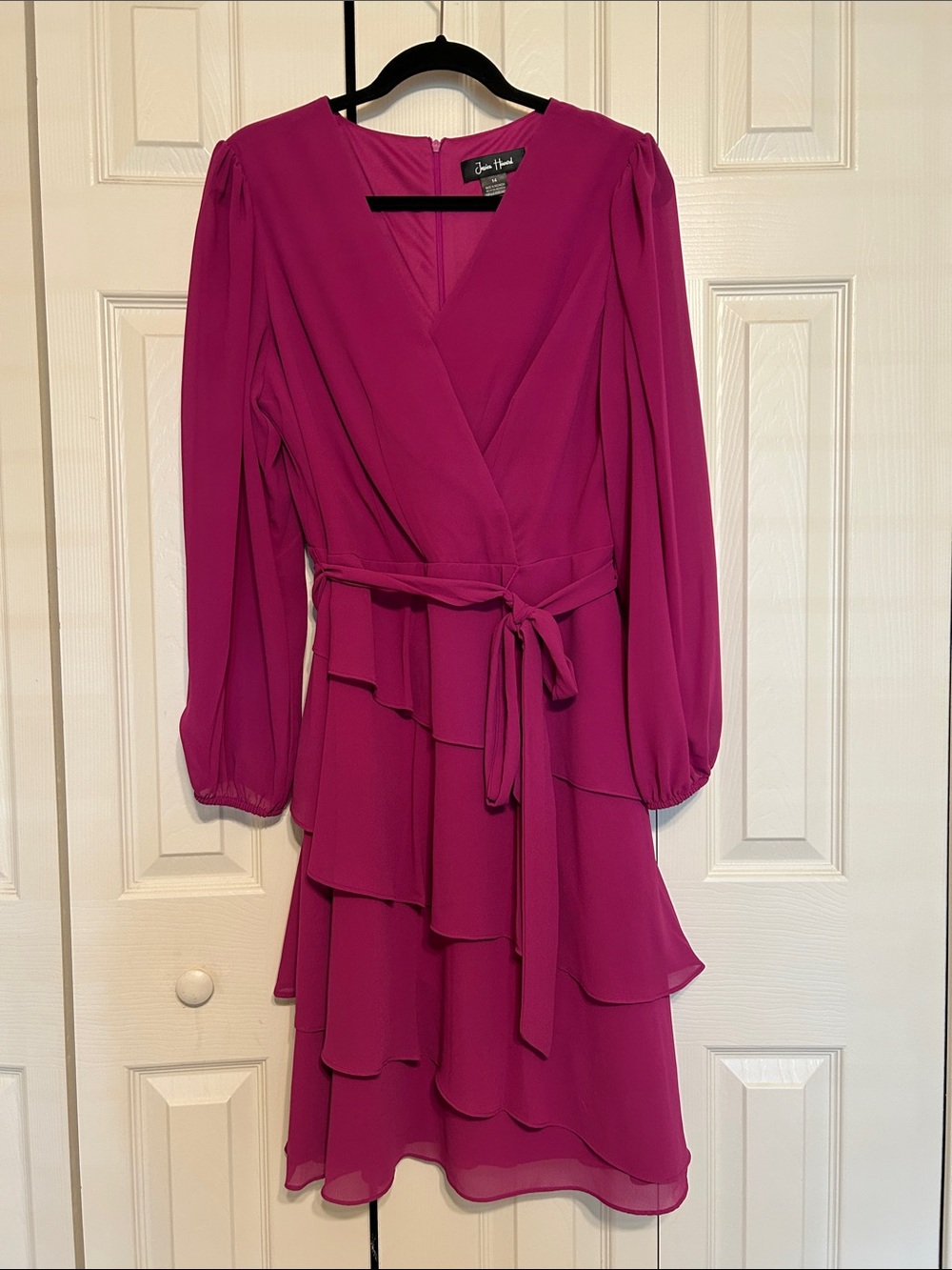 Jessica Howard Magenta Tiered Ruffle Long-Sleeve Wrap Style Dress - Sz 14